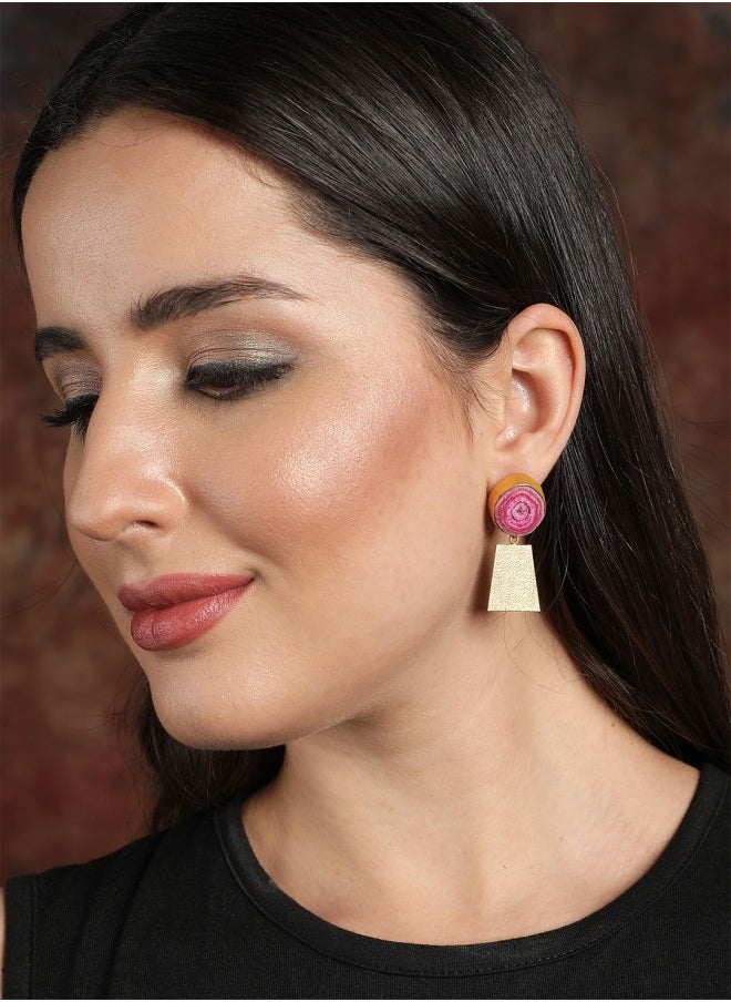 ISHIN Gold-Toned & Pink Square Drop Earrings  - Image 1