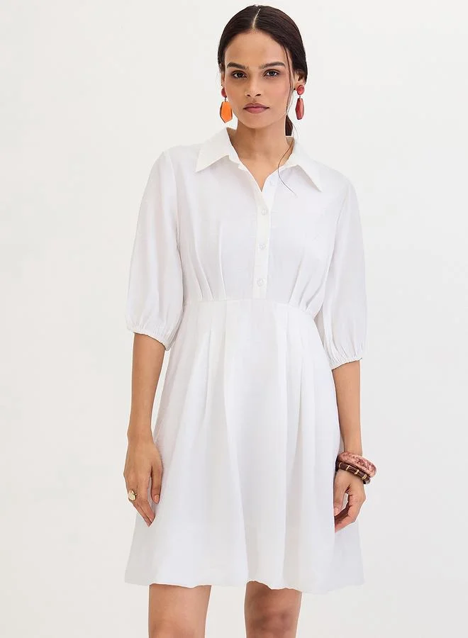 White Shirt Mini Dress with Fold Pleat Detail