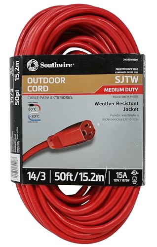Southwire سلك تمديد ساوث واير ثقيل الوزن - سلك طاقة خارجي متعدد الاستخدامات - طرف مضاء للسلامة - أحمر عالي الوضوح - 14/3 قياس - سلك تمديد خارجي بطول 50 قدم - Image 2