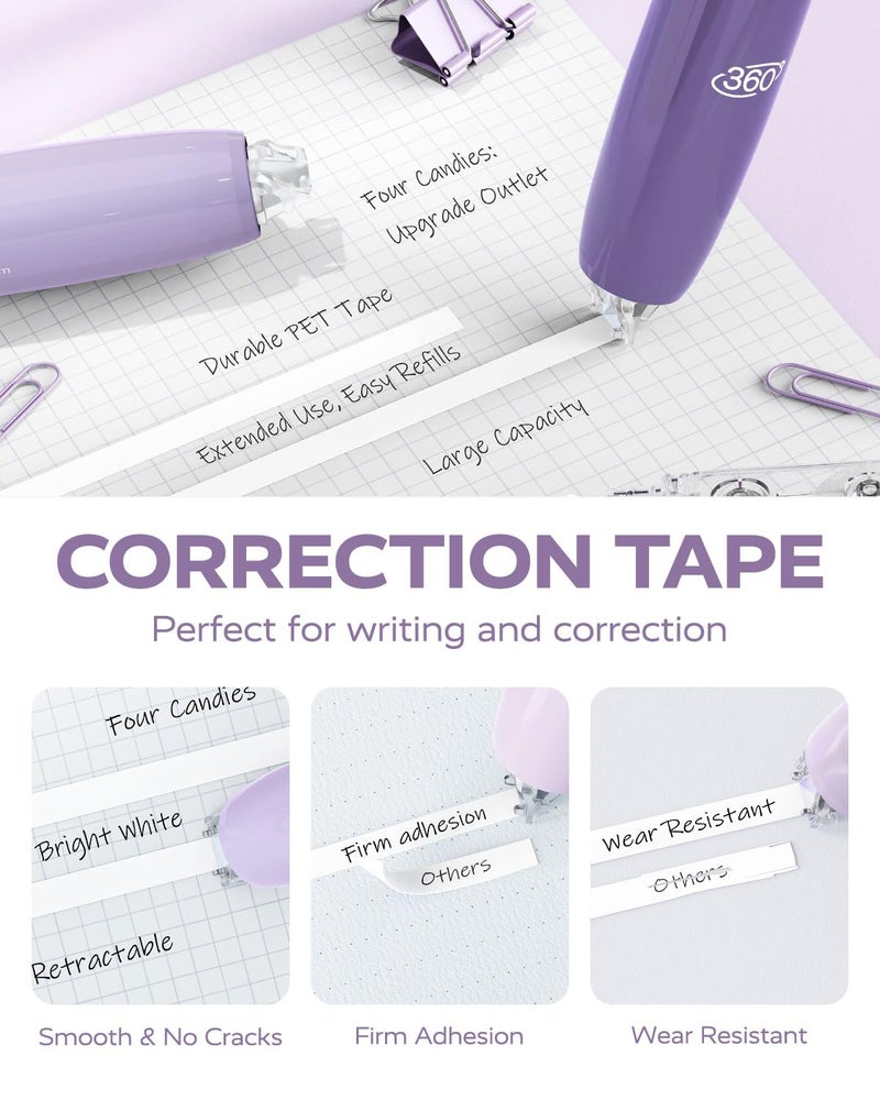 Four Candies Refillable Retractable White Correction Tape, 4PCS Smooth White Pull-Out Tape with 4 Extra Refills, Easy to Use Applicator for Instant Corrections for Office, School Supplies (Purple) - Image 4