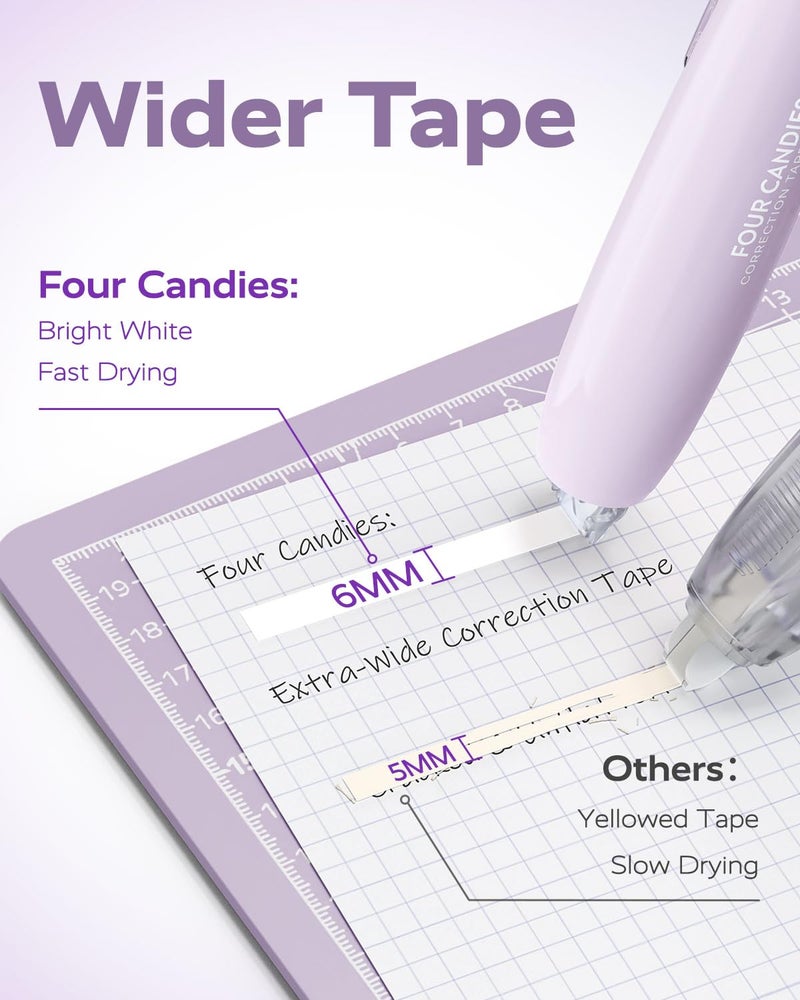 Four Candies Refillable Retractable White Correction Tape, 4PCS Smooth White Pull-Out Tape with 4 Extra Refills, Easy to Use Applicator for Instant Corrections for Office, School Supplies (Purple) - Image 2