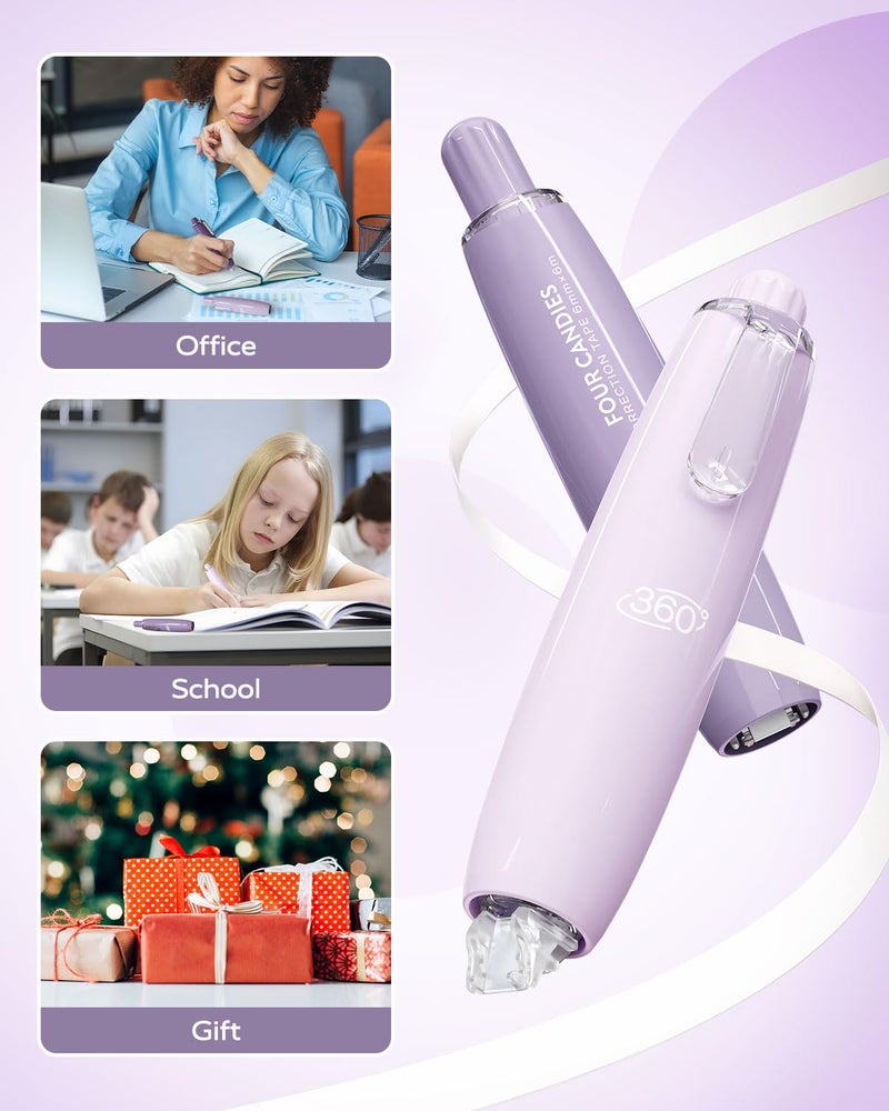 Four Candies Refillable Retractable White Correction Tape, 4PCS Smooth White Pull-Out Tape with 4 Extra Refills, Easy to Use Applicator for Instant Corrections for Office, School Supplies (Purple) - Image 5