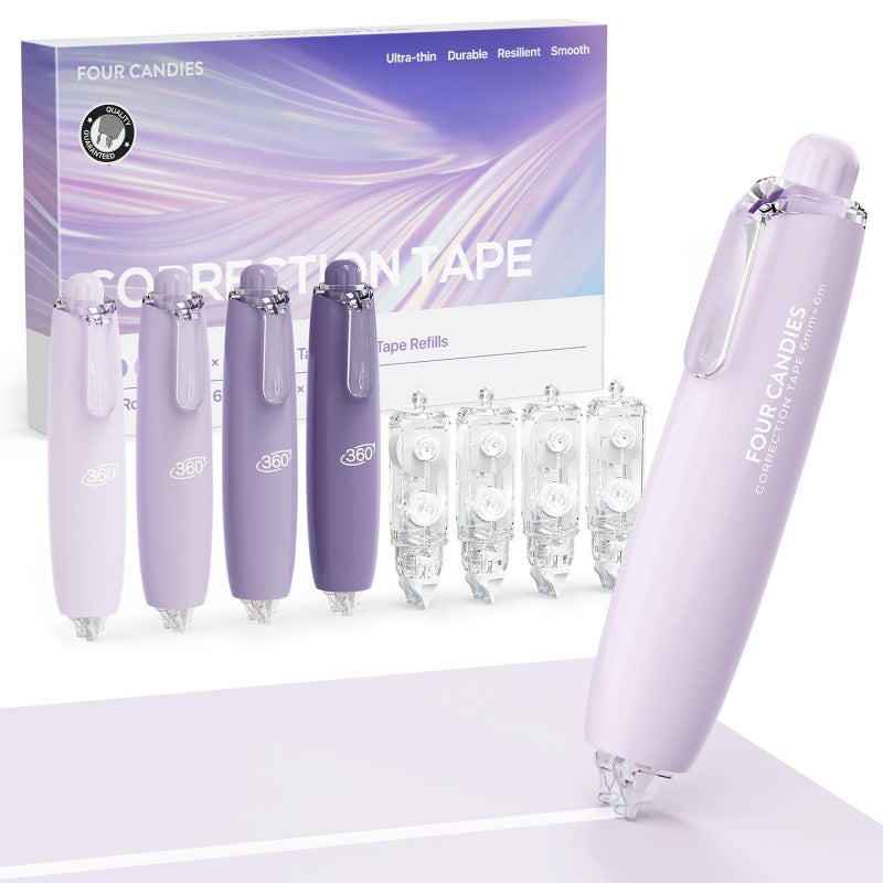 Four Candies Refillable Retractable White Correction Tape, 4PCS Smooth White Pull-Out Tape with 4 Extra Refills, Easy to Use Applicator for Instant Corrections for Office, School Supplies (Purple) - Image 1