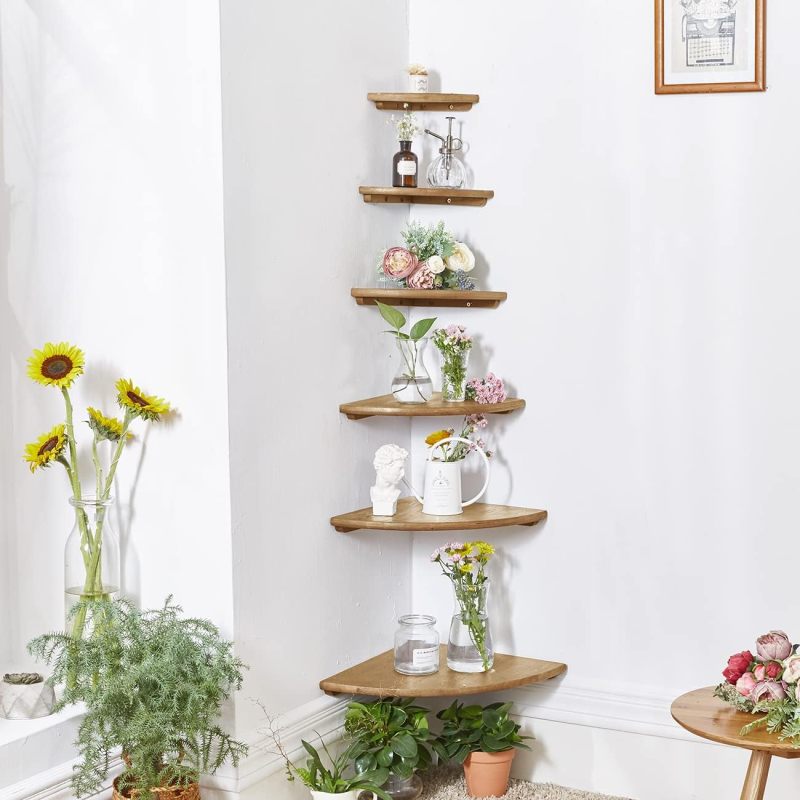 Floating Corner Wall Shelf: Brown Wooden Shelf - Oak Shelf for Bedroom Kitchen Home Decor - Image 2