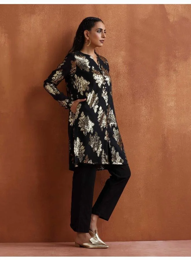 ترو برونز trueBrowns Black Metallic Straight Kurta Co-ord Set