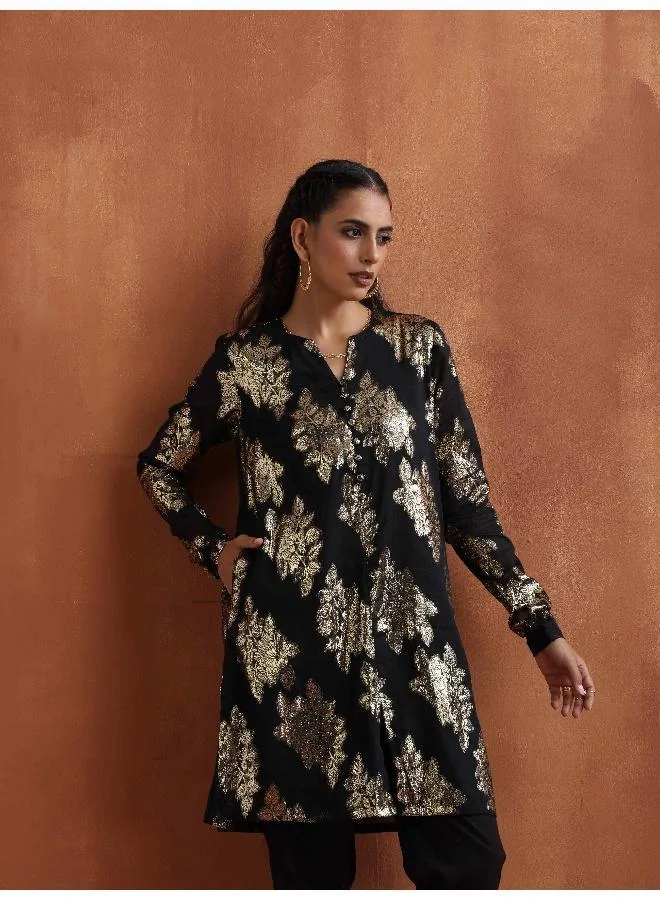 trueBrowns Black Metallic Straight Kurta Co-ord Set