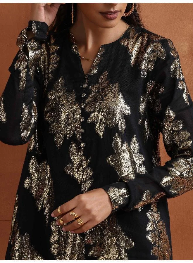 trueBrowns Black Metallic Straight Kurta Co-ord Set