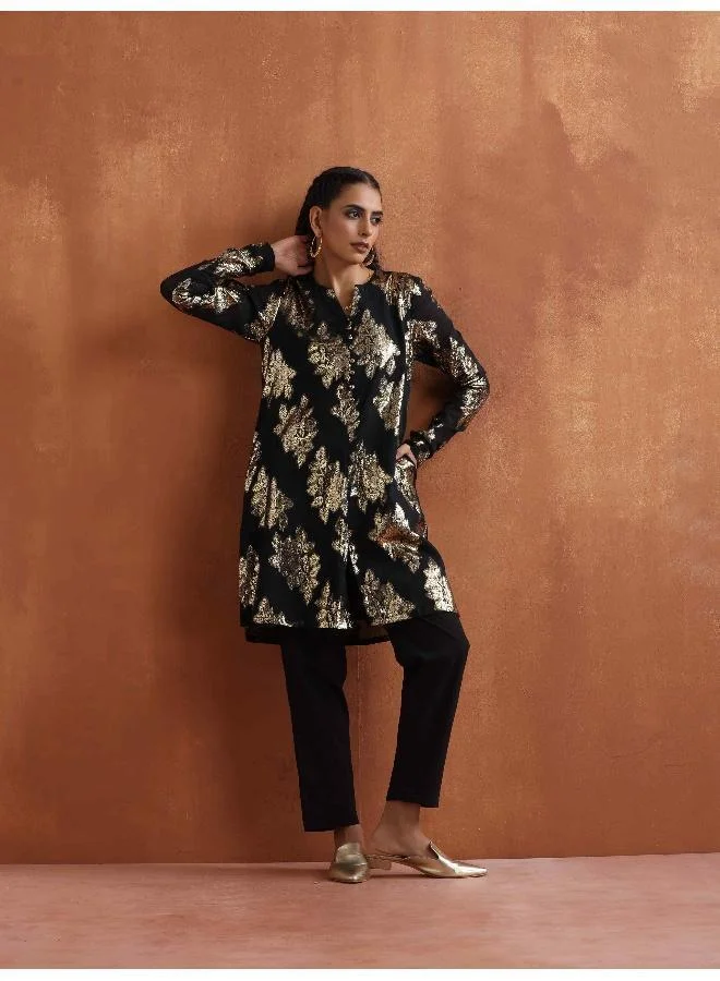 trueBrowns Black Metallic Straight Kurta Co-ord Set