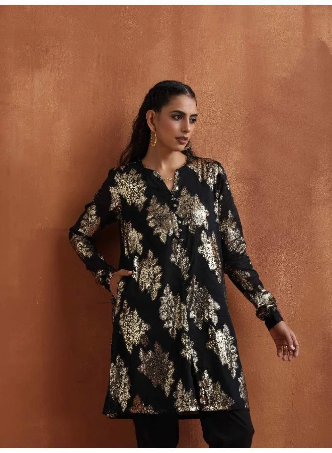 trueBrowns Black Metallic Straight Kurta Co-ord Set