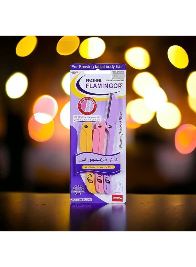 Feather 3-Piece Flamingos Facial Touch-up Stainless Steel Safe Razor Purple/Yellow/Pink 26g