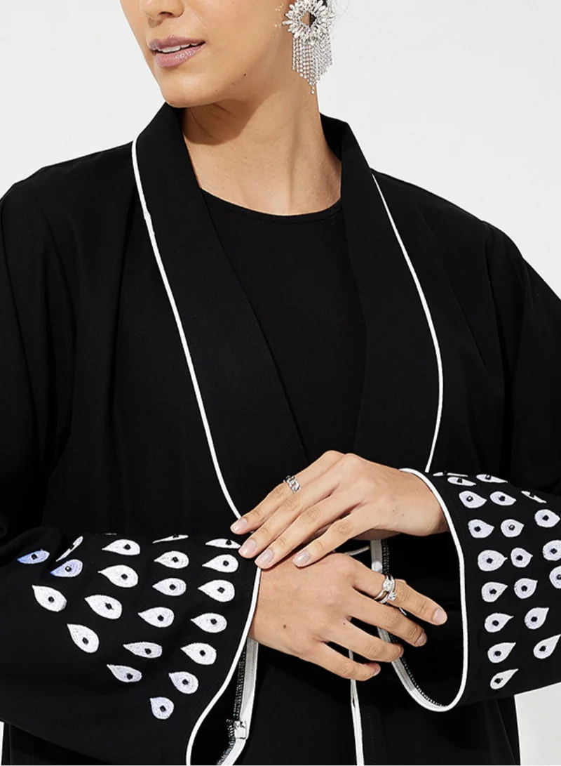 Rosette Abaya Embroidered Long Sleeves Open Abaya