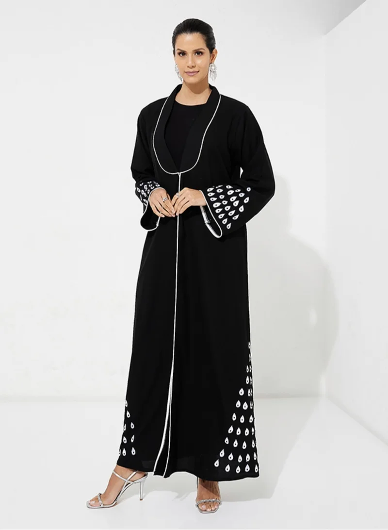Rosette Abaya Embroidered Long Sleeves Open Abaya