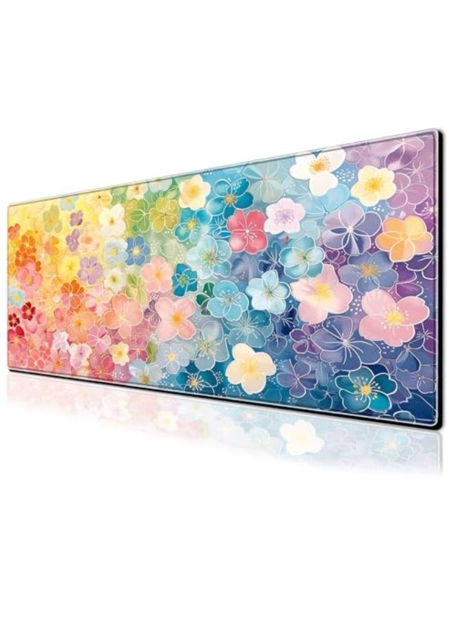 PEPYJAN Colorful Flower Pad Large Desk Mat, 31.5x11.8 Inch Mousepad Extended Non-Slip Rubber Base Keyboard Mat with Stitched Edges for Desk Home Office - Image 1