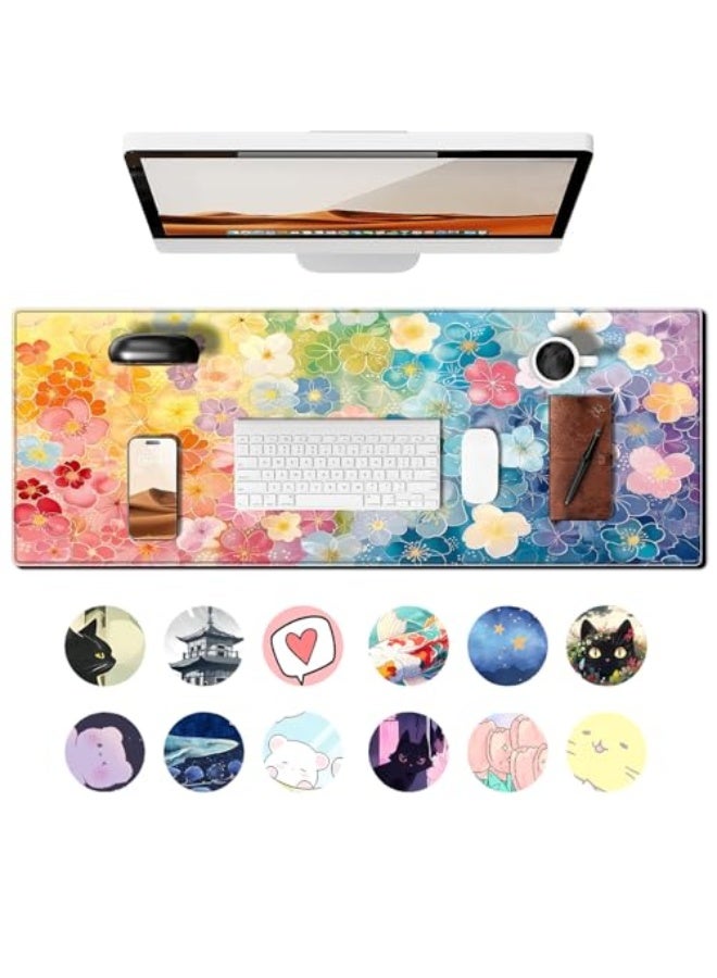 PEPYJAN Colorful Flower Pad Large Desk Mat, 31.5x11.8 Inch Mousepad Extended Non-Slip Rubber Base Keyboard Mat with Stitched Edges for Desk Home Office - Image 2