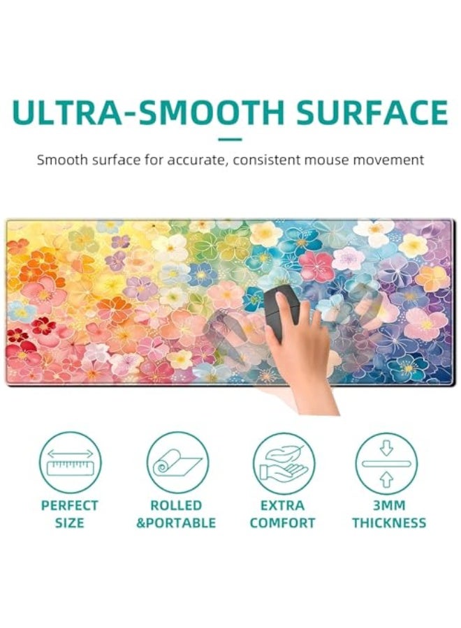 PEPYJAN Colorful Flower Pad Large Desk Mat, 31.5x11.8 Inch Mousepad Extended Non-Slip Rubber Base Keyboard Mat with Stitched Edges for Desk Home Office - Image 3