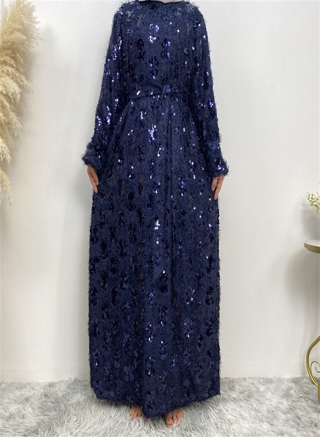 Loquat Sequin Fringed Round Neck Dress Blue  - Image 1