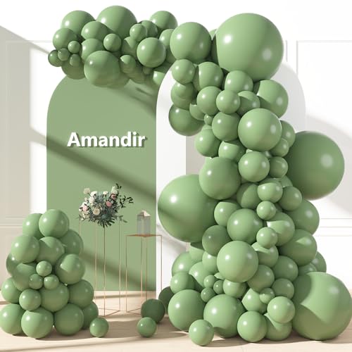 Amandir 153pcs Sage Green Balloons Arch Garland Kit Different Size 18 12 10 5 Inch Olive Dusty Light Green Latex Balloon Birthday Wedding Engagement St Patricks Jungle Bridal Shower Party Decoration - Image 1