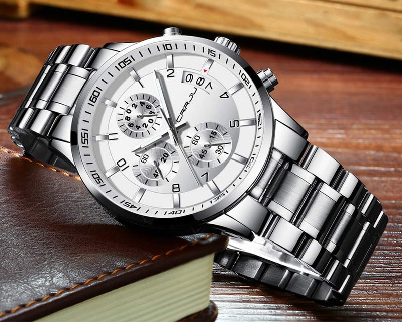 CRRJU Men's Watches Date Chronograph Wristwatches for Men,Multifunctional Stainsteel Steel Band Waterproof Watch Silver White - Image 3