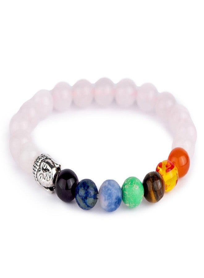 Mesmerize 7 Chakra Natural Stone Elastic Bracelet | Patented Design and Certified Natural Stones | 7 Chakra Bracelets Online For Men and Women | 8 mm beads size (Rose Quartz 7 Chakras, M) - Image 1