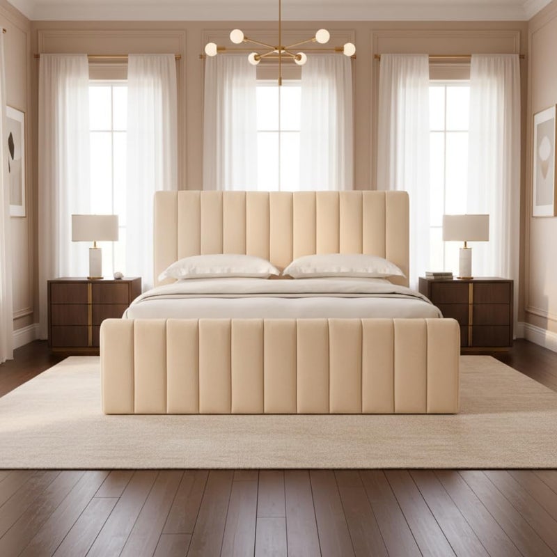 Luxury Modern Fabric Platform Bed Frame with Vertical Channel Panel Headboard - Baby Pink, King Size - Image 1
