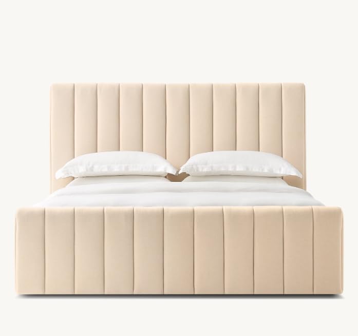 Luxury Modern Fabric Platform Bed Frame with Vertical Channel Panel Headboard - Baby Pink, King Size - Image 4