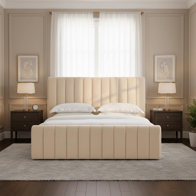 Luxury Modern Fabric Platform Bed Frame with Vertical Channel Panel Headboard - Baby Pink, King Size - Image 3