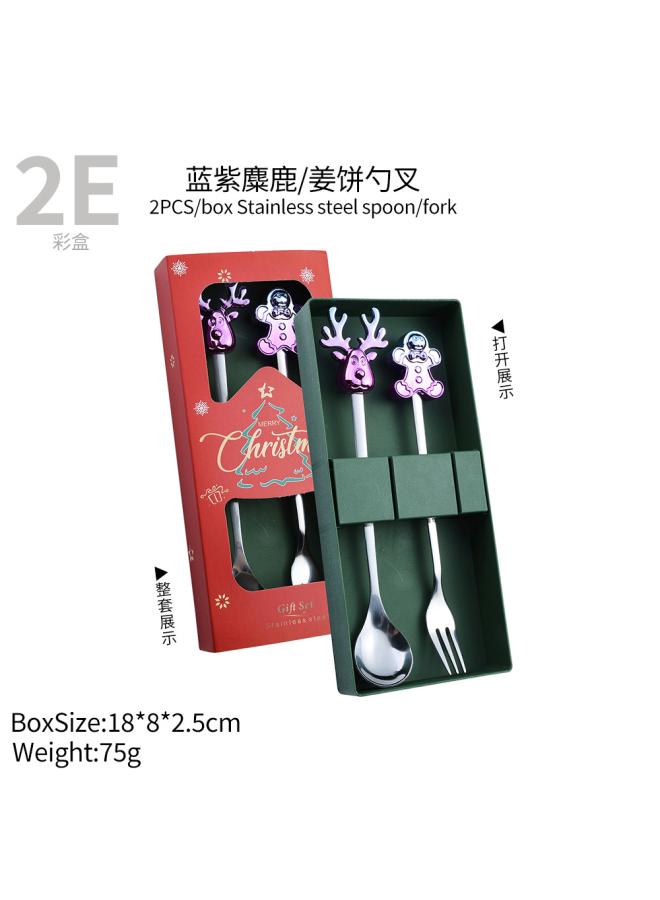 Q Christmas Spoon Suit Christmas Gift Tableware Two-piece Dessert Spoon Fork Santa Elk Doll Spoon 