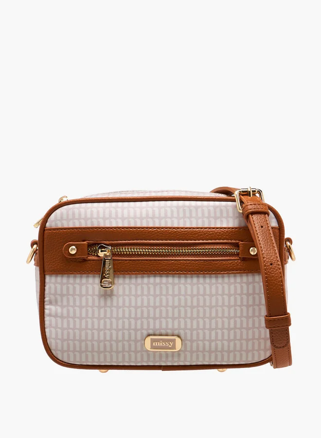 ميسي Women Monogram Print Crossbody Bag with Detachable Strap and Zip Closure