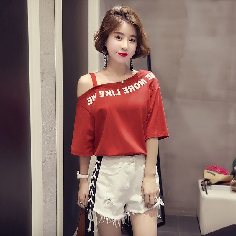 Wholesale Short-Sleeved T-Shirts for Women 2025 New Style Tops Ulzzang Versatile Off-Shoulder Printed Base Shirt One-Piece Dropshipping - Image 2