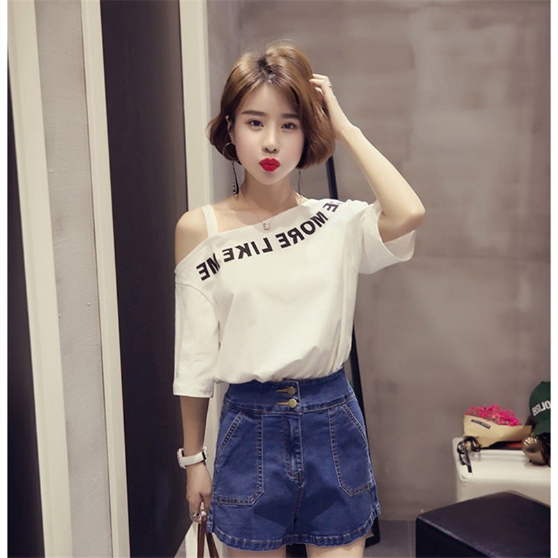 Wholesale Short-Sleeved T-Shirts for Women 2025 New Style Tops Ulzzang Versatile Off-Shoulder Printed Base Shirt One-Piece Dropshipping - Image 4