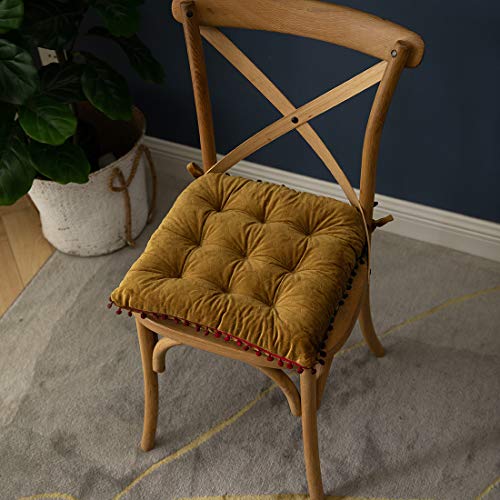 vctops Velvet Soft Square Chair Pad with Ties Cute Gradient Pom Pom Indoor Dining Chairs Cushion Yellow 16 x 16 - Image 1