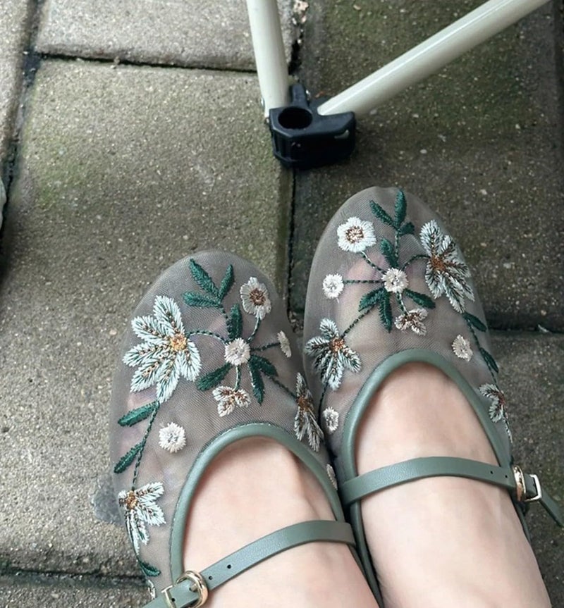 MRKEWUNEY Mesh Ballet Flats for Women Embroidered Floral Round Toe Mary Jane Flats Comfortable Ballerina Flats with Strap Green Size 38 - Image 4