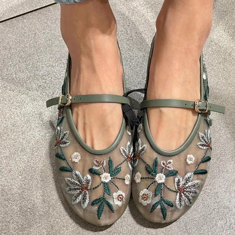 MRKEWUNEY Mesh Ballet Flats for Women Embroidered Floral Round Toe Mary Jane Flats Comfortable Ballerina Flats with Strap Green Size 38 - Image 2
