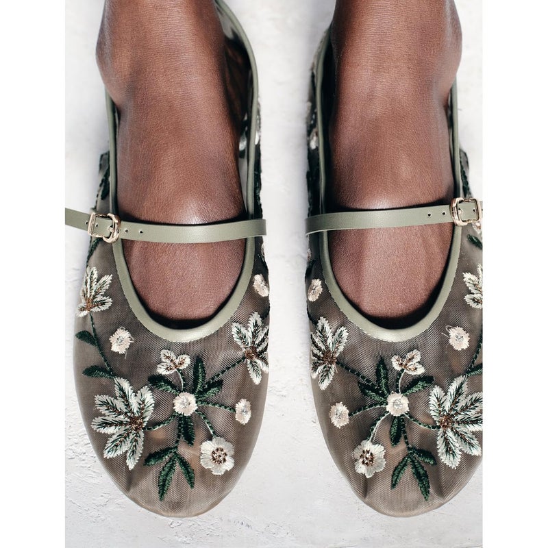 MRKEWUNEY Mesh Ballet Flats for Women Embroidered Floral Round Toe Mary Jane Flats Comfortable Ballerina Flats with Strap Green Size 38 - Image 3