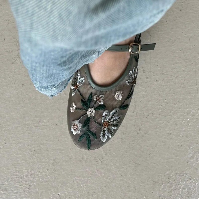 MRKEWUNEY Mesh Ballet Flats for Women Embroidered Floral Round Toe Mary Jane Flats Comfortable Ballerina Flats with Strap Green Size 38 - Image 5