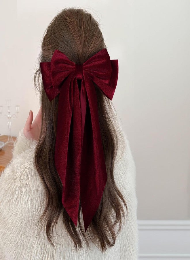 KCHIES Velvet Hair Bows Hair Ribbon Clips Wine Red Oversized Bowknot French Barrettes with Long Tail Vintage Hair Decoration Accessories for Women Girls Valentines Christmas Party - Image 5