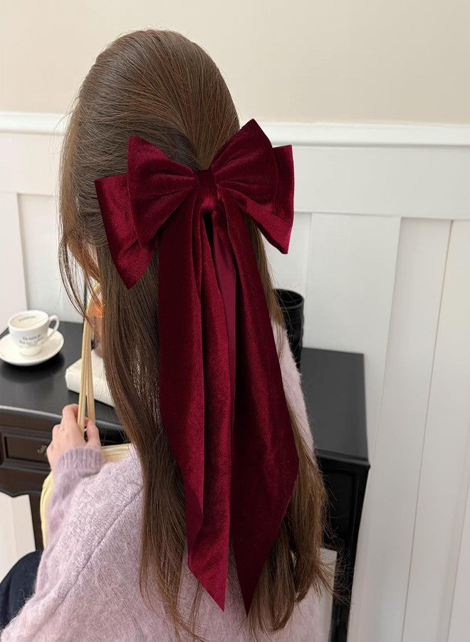 KCHIES Velvet Hair Bows Hair Ribbon Clips Wine Red Oversized Bowknot French Barrettes with Long Tail Vintage Hair Decoration Accessories for Women Girls Valentines Christmas Party - Image 4