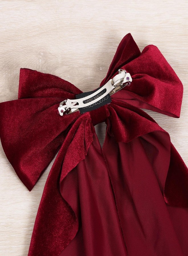 KCHIES Velvet Hair Bows Hair Ribbon Clips Wine Red Oversized Bowknot French Barrettes with Long Tail Vintage Hair Decoration Accessories for Women Girls Valentines Christmas Party - Image 3