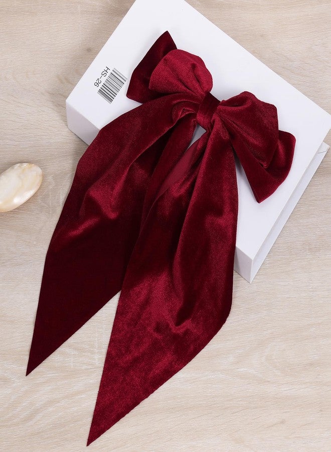 KCHIES Velvet Hair Bows Hair Ribbon Clips Wine Red Oversized Bowknot French Barrettes with Long Tail Vintage Hair Decoration Accessories for Women Girls Valentines Christmas Party - Image 2