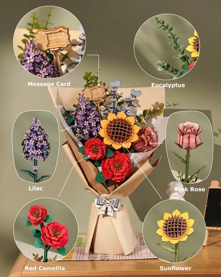 رولايف أحجية ثلاثية الأبعاد Rolife Wooden Flower Bouquet 3D Wooden Puzzle Wood Crafts Kits for Adults Home Decor, TW041 - Image 4