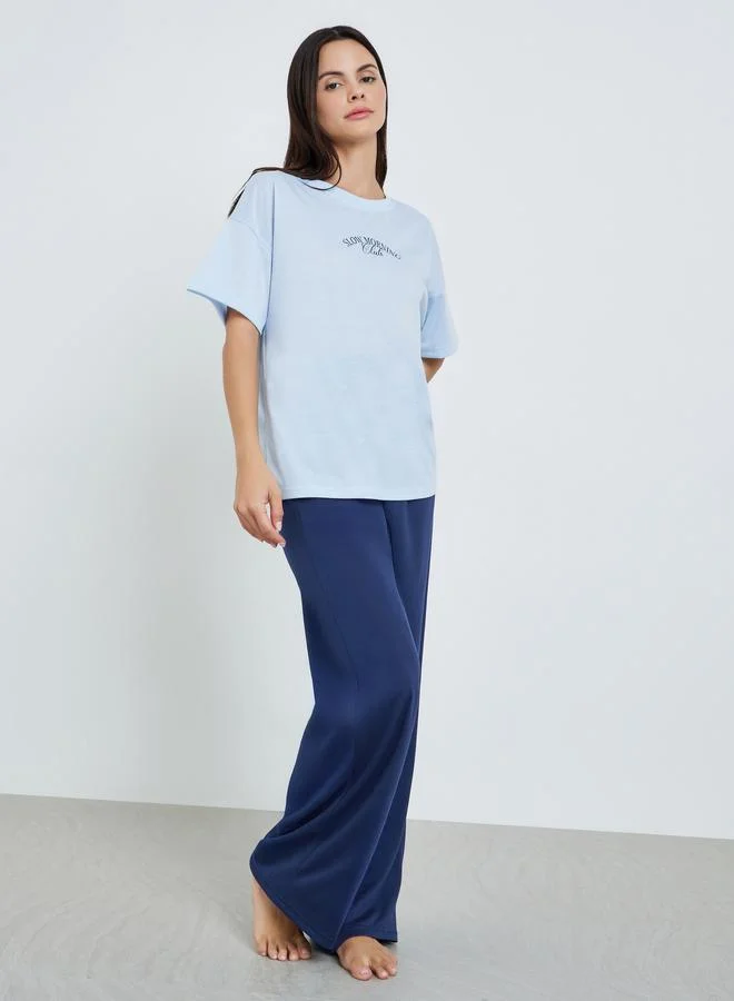 Styli Women Blue Printed T-Shirt and Pyjama Set