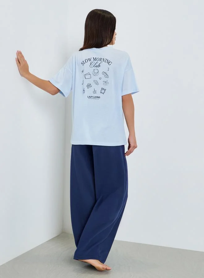 Styli Women Blue Printed T-Shirt and Pyjama Set