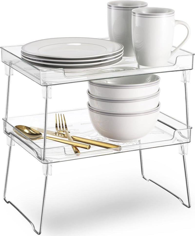 Masirs Clear Stackable Shelf Easily Organize Your Kitchen Counter and Cabinet Shelves While Creating Extra Storage Space with This Foldable Translucent Plastic Shelf 2Pack - Image 1