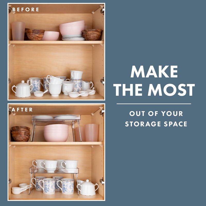 Masirs Clear Stackable Shelf Easily Organize Your Kitchen Counter and Cabinet Shelves While Creating Extra Storage Space with This Foldable Translucent Plastic Shelf 2Pack - Image 3
