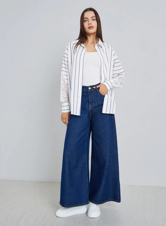 Styli Women White Striped Oversized Shirt with Lace Sleeves