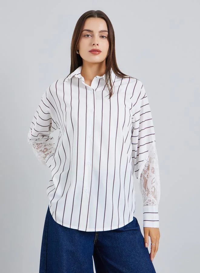 Styli Women White Striped Oversized Shirt with Lace Sleeves