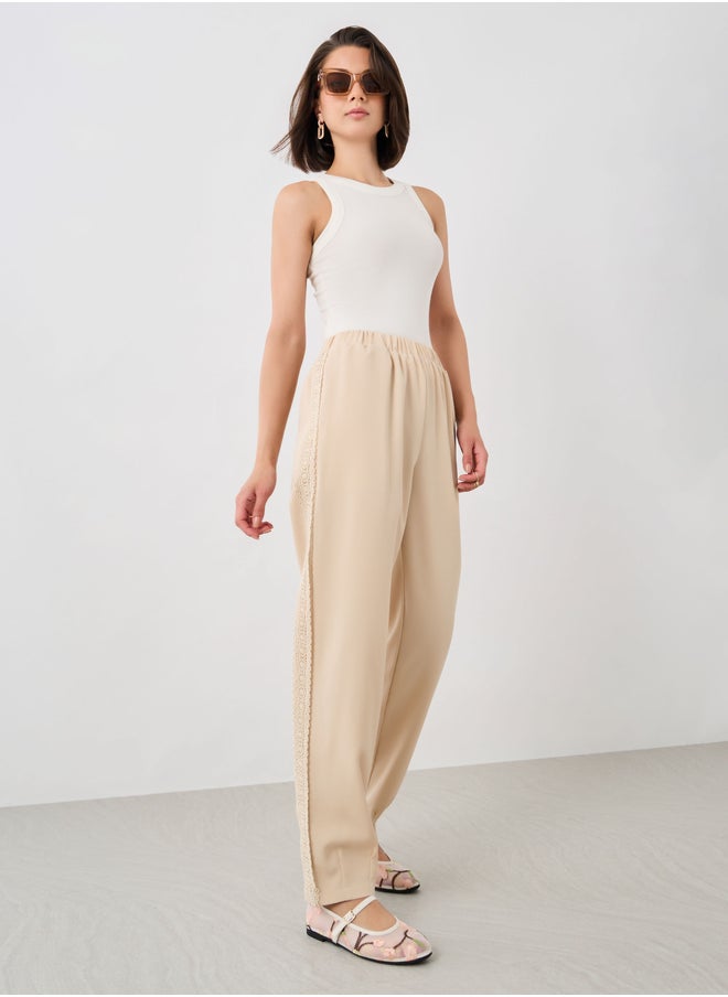 Take Two Beige Side Lace Detail Wide Leg Pants  - Image 1