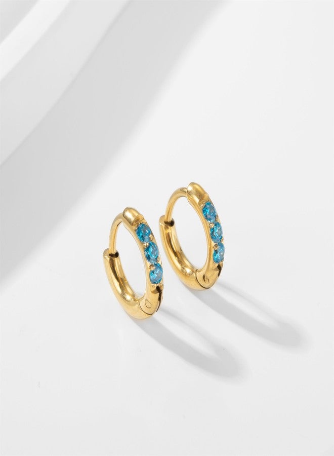 showself 6MM Gold Huggie Hoop Earrings Blue Stone - 20G 14K Gold Plated Surgical Stainless Steel Cubic Zirconia CZ Tiny Hug Hoop Earring - Mini Hugger Small Snug Hoop Earrings for Cartilage Helix Tragus Rook - Image 2