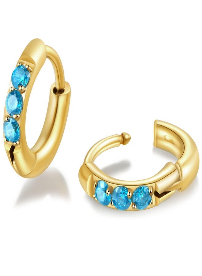showself 6MM Gold Huggie Hoop Earrings Blue Stone - 20G 14K Gold Plated Surgical Stainless Steel Cubic Zirconia CZ Tiny Hug Hoop Earring - Mini Hugger Small Snug Hoop Earrings for Cartilage Helix Tragus Rook - Image 1