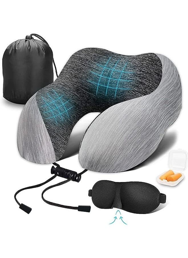 Arabest Travel Pillow 100% Memory Foam Pillow, Neck Pillow for Airplane, Neck & Head Support Pillow for Sleeping Rest & Car, Travel Pillows Kit with Storage Bag, Sleep Mask and Earplugs （Grey）  - Image 1
